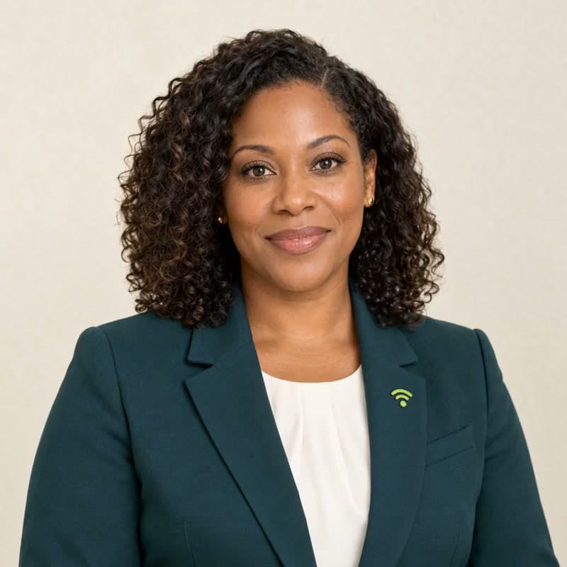 Your Connected Communities Advisor in a teal blazer with a lime wireless-symbol pin